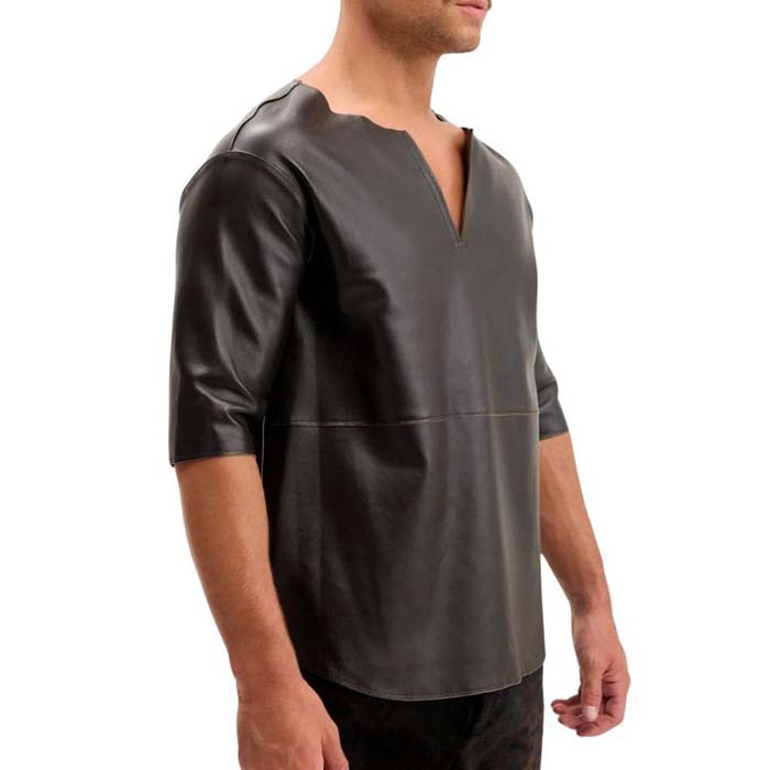 Men's Black Lambskin Leather T Shirt With V Neck Paneled Design