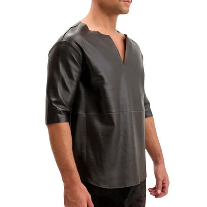 Men's Black Lambskin Leather T Shirt With V Neck Paneled Design