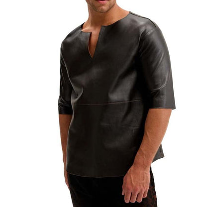 Men's Black Lambskin Leather T Shirt With V Neck Paneled Design