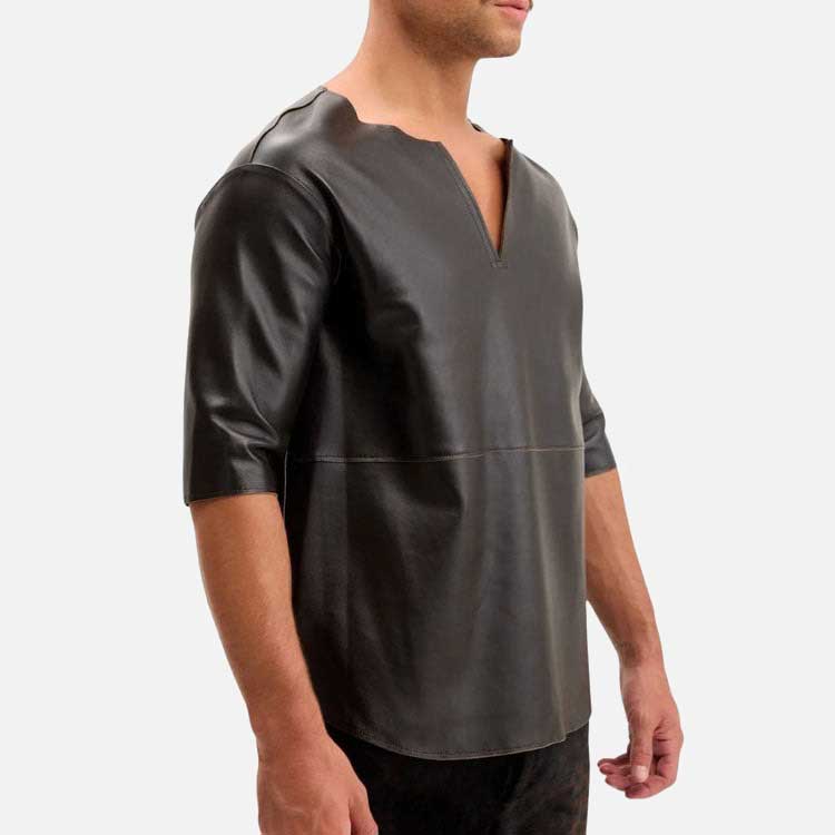 Stylish men’s leather shirt for sale featuring paneled design and three quarter sleeves