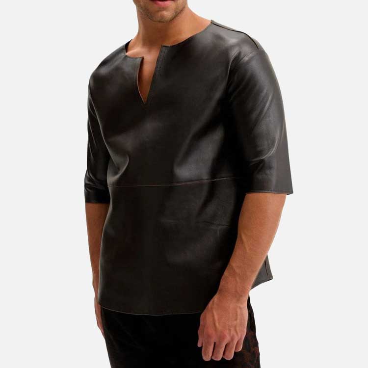 New men’s leather V neck t shirt made from premium lambskin leather with paneled detailing