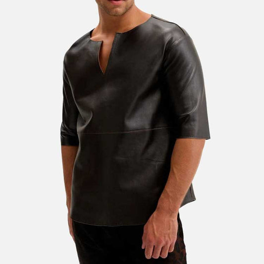 New men’s leather V neck t shirt made from premium lambskin leather with paneled detailing