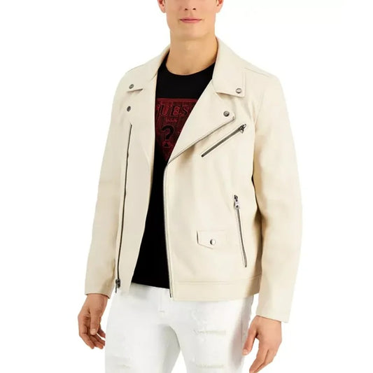 Men’s Beige Lapel Collar Leather Motorcycle Jacket