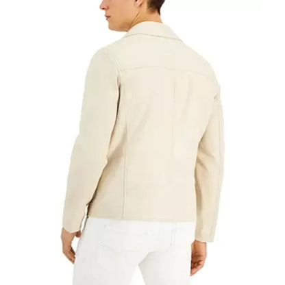 Men’s Beige Lapel Collar Leather Motorcycle Jacket