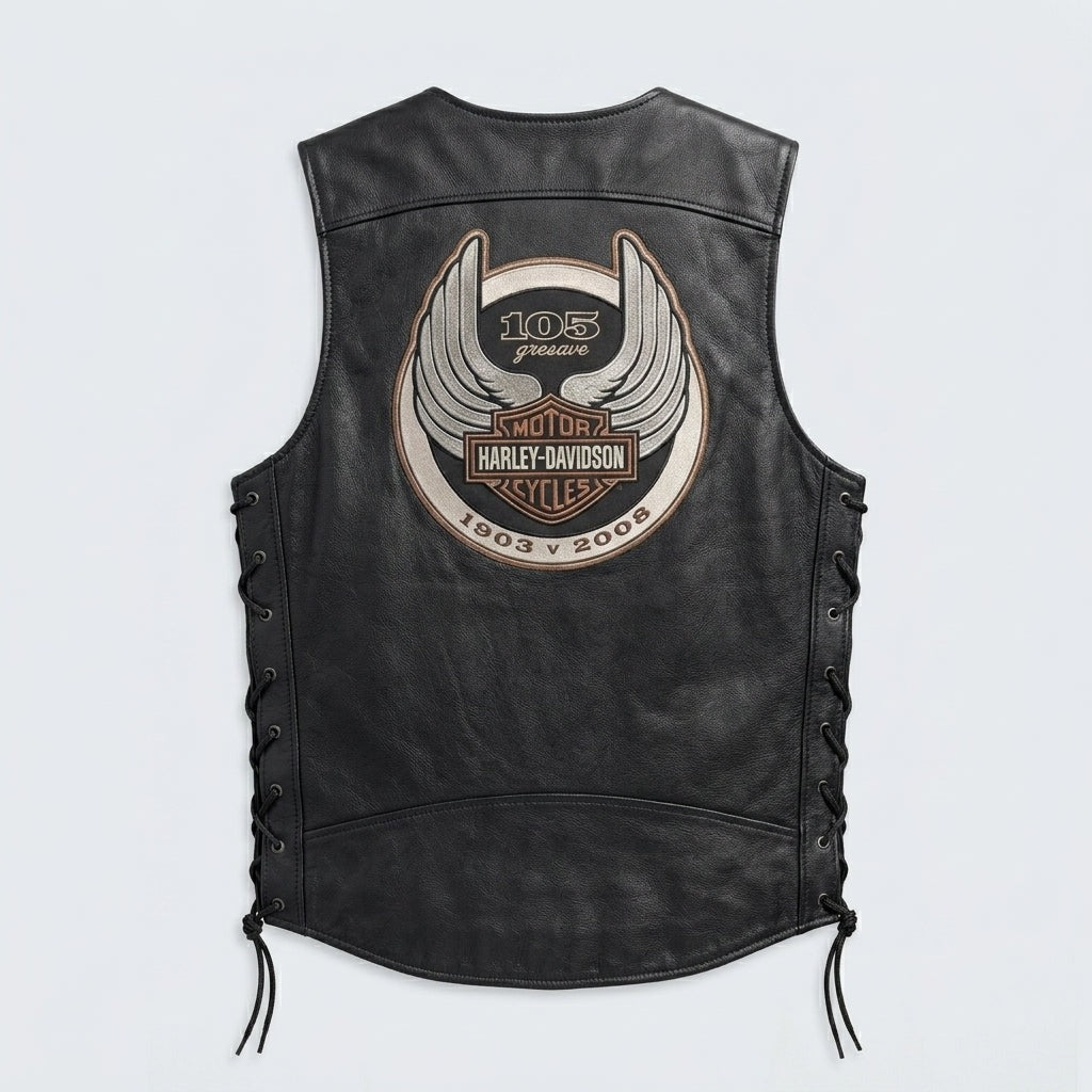 Men's Black Genuine Leather Motorcycle Vest with Anniversary Laced Sides