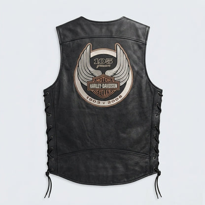 Men's Black Genuine Leather Motorcycle Vest with Anniversary Laced Sides
