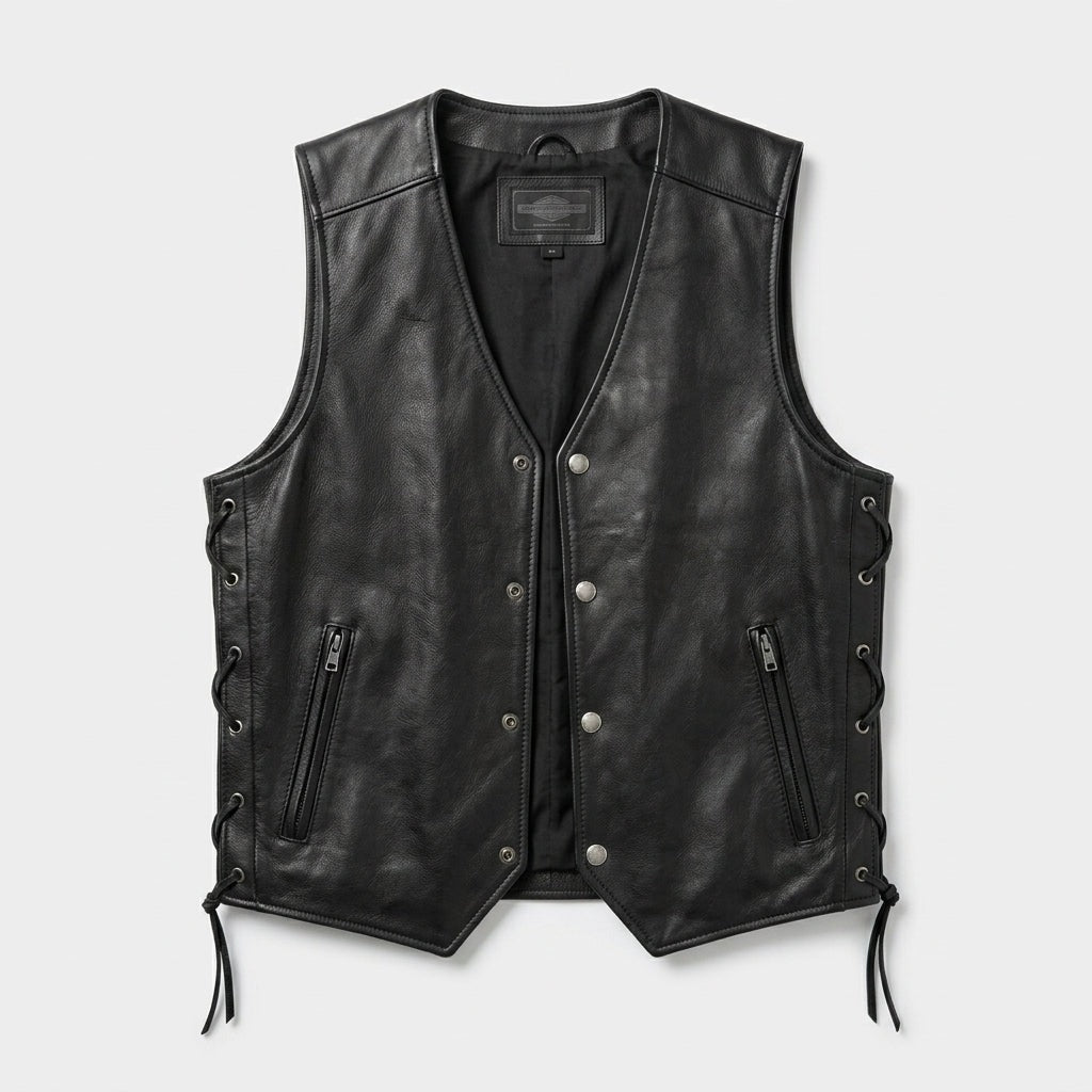 Men's Black Genuine Leather Motorcycle Vest with Anniversary Laced Sides