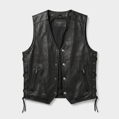 Men's Black Genuine Leather Motorcycle Vest with Anniversary Laced Sides