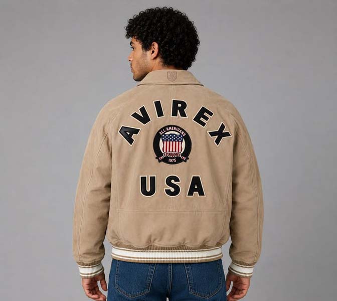 Men's Limited Edition Suede Bomber Jacket with Avirex USA Patch