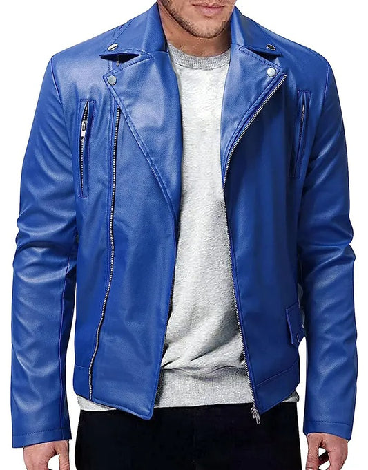 Men’s Long Sleeve Blue Leather Jacket – Stylish Slim Fit Outerwear