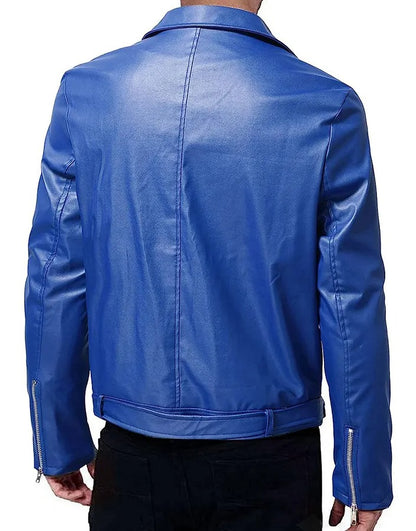 Men’s Long Sleeve Blue Leather Jacket – Stylish Slim Fit Outerwear