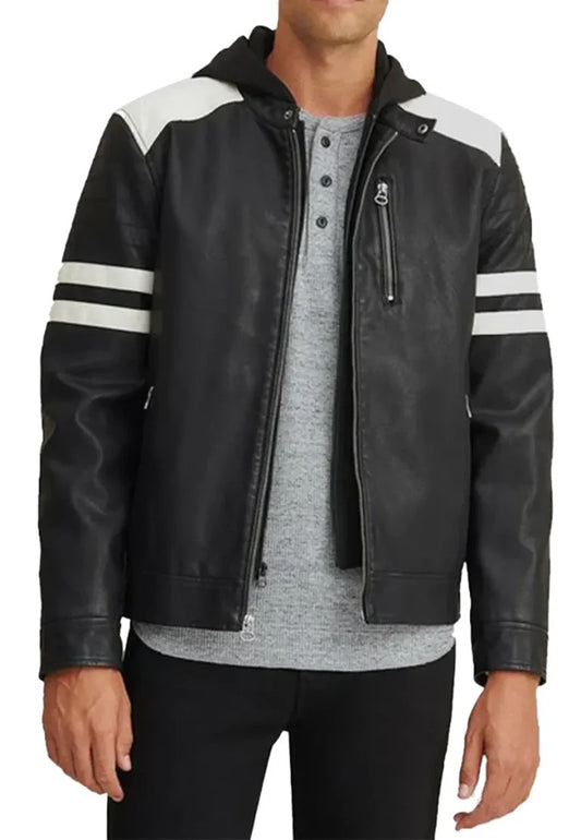 Men’s Black Leather Hooded Moto Jacket – Urban Street Rider Style
