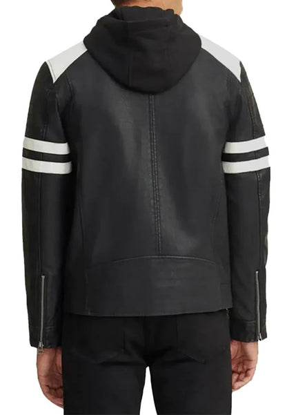 Men’s Black Leather Hooded Moto Jacket – Urban Street Rider Style
