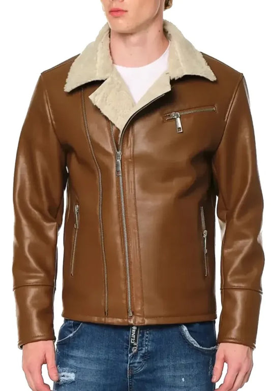 Men’s Brown Moto Leather Jacket with Shearling – Rugged Warmth for Winter Rides