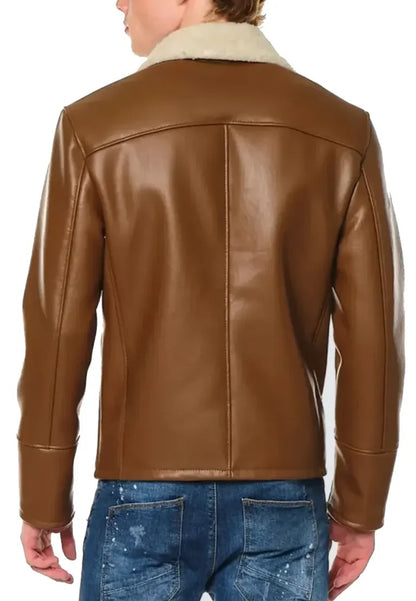 Men’s Brown Moto Leather Jacket with Shearling – Rugged Warmth for Winter Rides