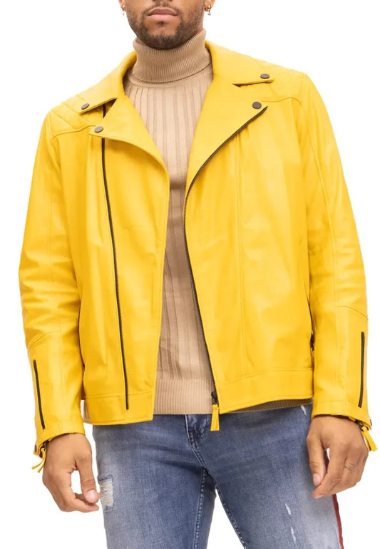 Men’s Yellow Motorcycle Leather Jacket – Bold Ride, High-Impact Style