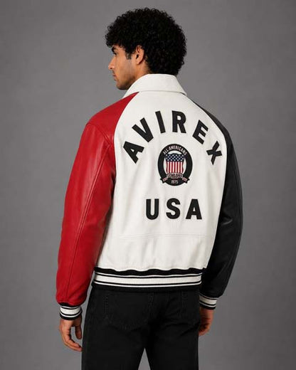 Men's Multicolor Sheepskin Leather Bomber Jacket with Embroidered Patches