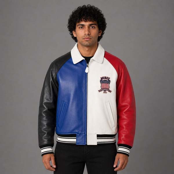 Men's Multicolor Sheepskin Leather Bomber Jacket with Embroidered Patches
