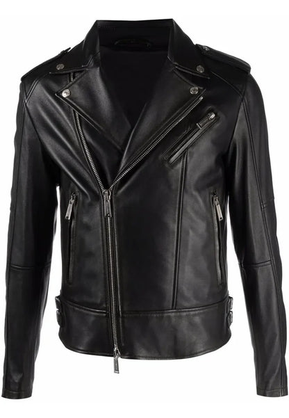 Men’s Black Leather Biker Jacket with Multiple Zippers – Rugged Street Moto Look