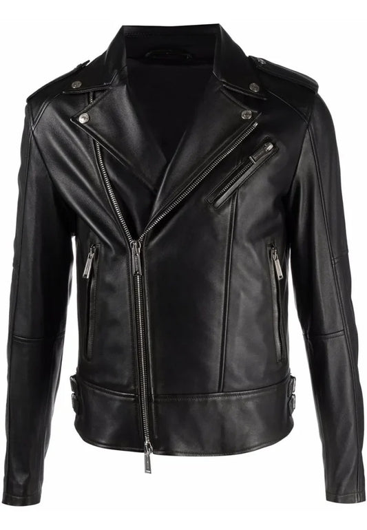 Men’s Black Leather Biker Jacket with Multiple Zippers – Rugged Street Moto Look