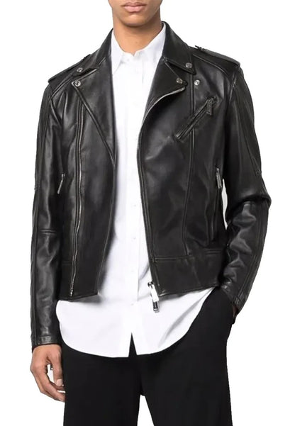 Men’s Black Leather Biker Jacket with Multiple Zippers – Rugged Street Moto Look
