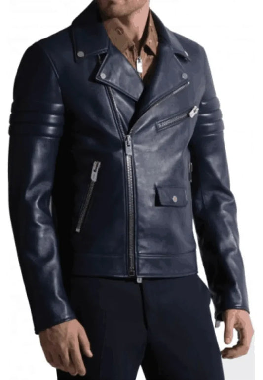 Men’s Trendy Navy Blue Leather Biker Jacket – Sleek, Modern & Street-Ready