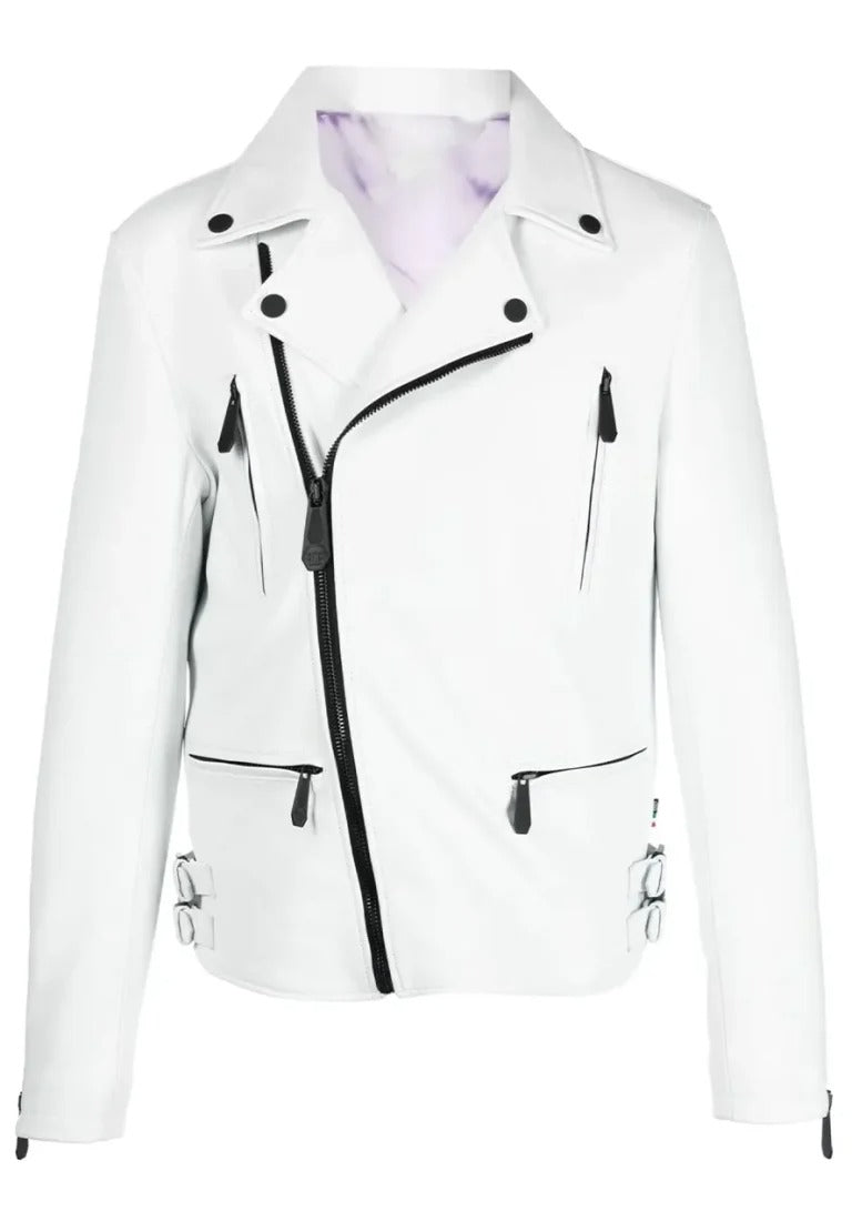 Men’s White Leather Biker Jacket with Notched Collar – Sleek Moto Style