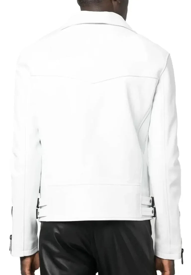 Men’s White Leather Biker Jacket with Notched Collar – Sleek Moto Style
