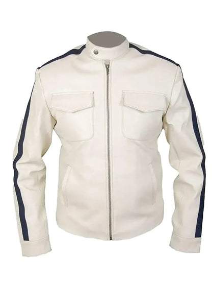 Men’s Off White Leather Jacket with Black Stripe – Retro Racer Biker Style