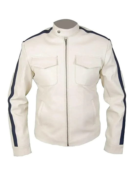 Men’s Off White Leather Jacket with Black Stripe – Retro Racer Biker Style