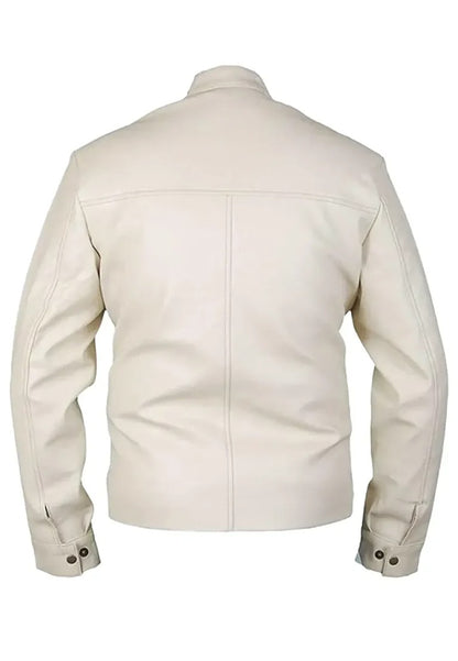 Men’s Off White Leather Jacket with Black Stripe – Retro Racer Biker Style