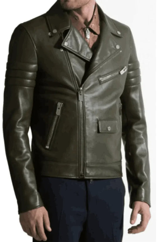 Men’s Olive Green Leather Biker Jacket – Rugged Style with a Modern Edge