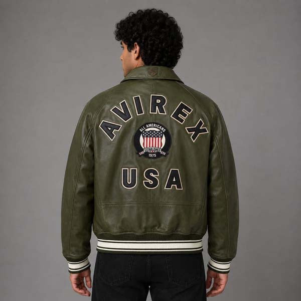 Men's Olive Green Sheepskin Leather Flight Bomber Jacket with Quilted Lining