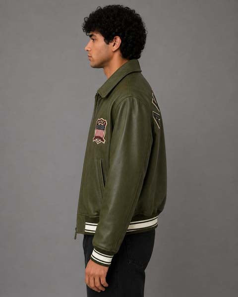 Men's Olive Green Sheepskin Leather Flight Bomber Jacket with Quilted Lining