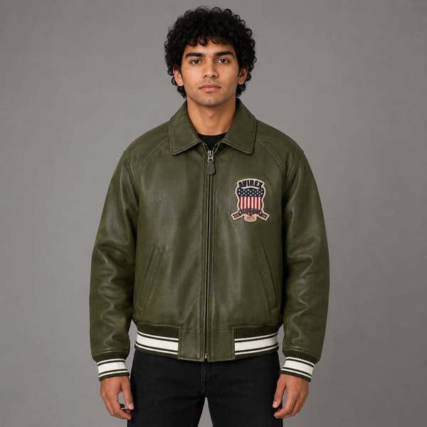 Men's Olive Green Sheepskin Leather Flight Bomber Jacket with Quilted Lining