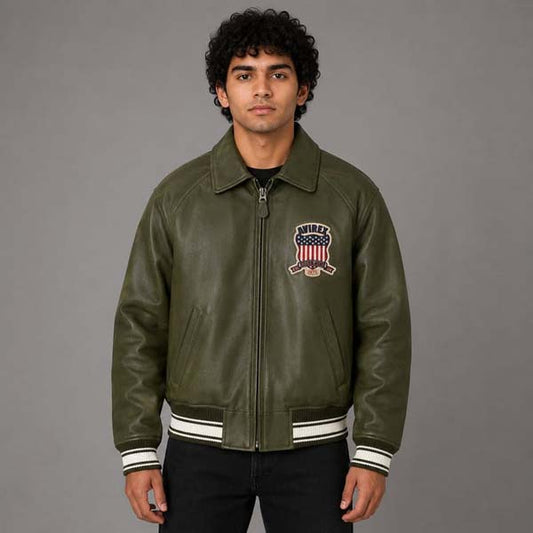 Men's Olive Green Sheepskin Leather Flight Bomber Jacket with Quilted Lining