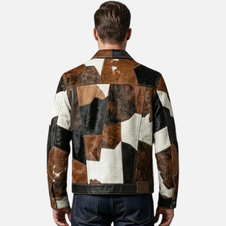 Best hair on cowhide jacket for men with premium patchwork western fashion design