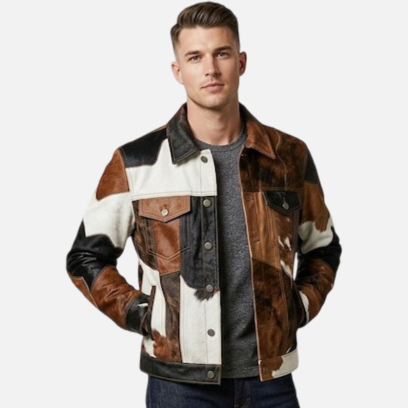 New men’s patchwork cowhide leather jacket with real hair on pony skin western trucker style