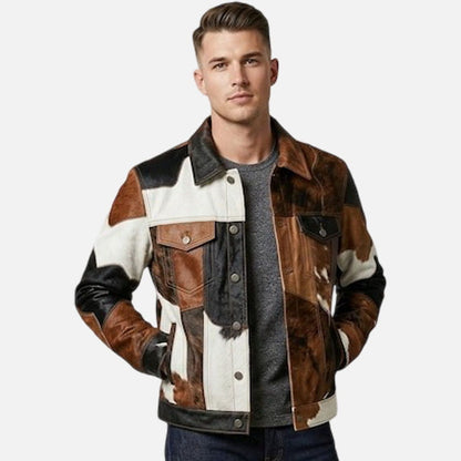 New men’s patchwork cowhide leather jacket with real hair on pony skin western trucker style
