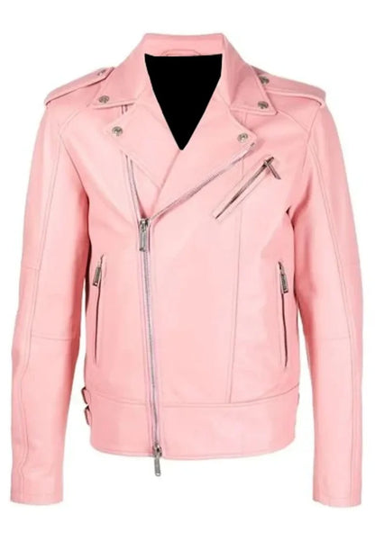 Men’s Bold Pink Leather Biker Jacket