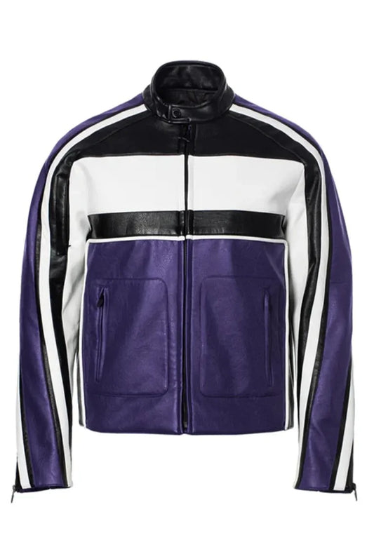 Men’s Purple Leather Biker Racing Jacket – Bold Moto Streetwear Style