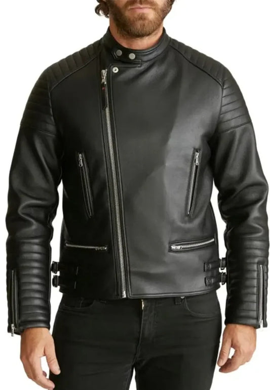 Men’s Black Leather Racer Jacket – Classic Moto Style