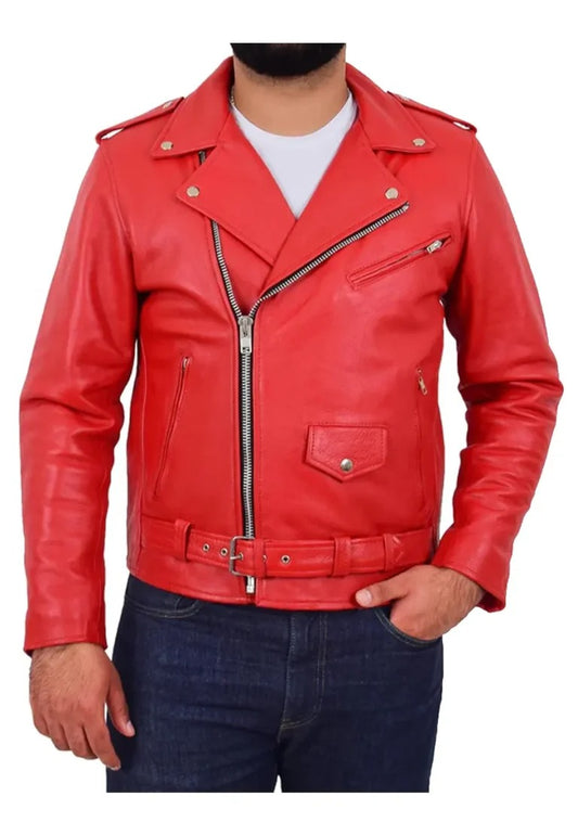 Men’s Red Leather Rock Biker Jacket – Bold Moto Streetwear for Men