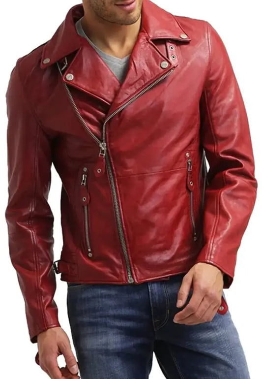 Men’s Trendy Red Leather Slim Fit Biker Jacket – Bold Motorcycle Outerwear
