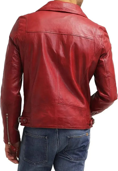 Men’s Trendy Red Leather Slim Fit Biker Jacket – Bold Motorcycle Outerwear