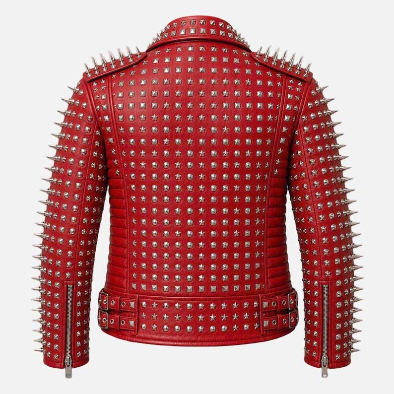 Best punk rock red biker jacket with metal studs and fitted silhouette