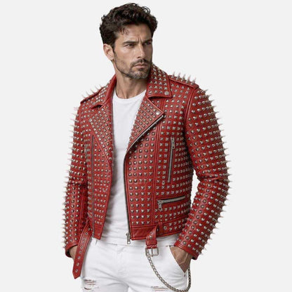 Stylish red spiked leather jacket for sale with bold punk fashion design