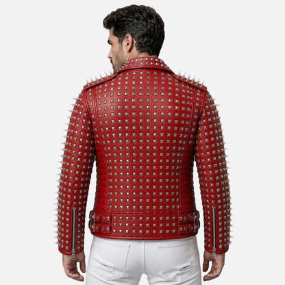 Premium red studded biker jacket with zip pockets and waist belt detail