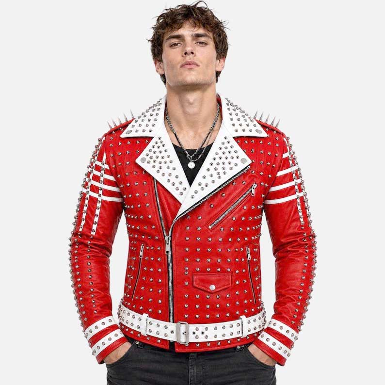 Stylish red studded leather jacket for sale with racing inspired biker styling