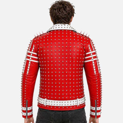 Premium red spiked biker jacket with hand applied studs and white leather contrast panels
